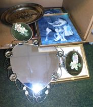 Two framed pictures, oval shaped mirror, and a still life scene.
