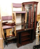 A group of furniture, to include a mahogany two tier coffee table, wall clock, CD rack, corner cabin