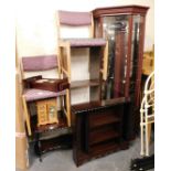 A group of furniture, to include a mahogany two tier coffee table, wall clock, CD rack, corner cabin