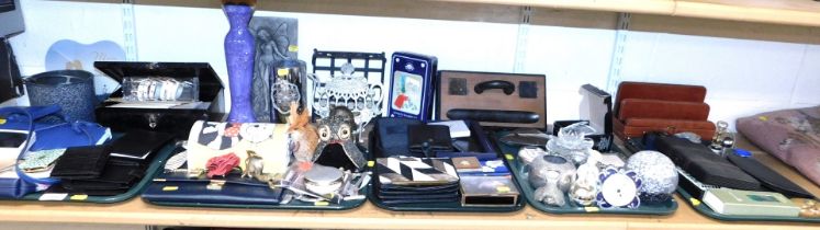 Miscellaneous items, to include wallets, purses, napkin rings, vase, owl figure, other animal figure