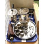 A silver plated four piece tea set, together with plated napkin rings, nut crackers, knife rest, but