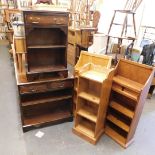 A group of furniture, to include a pine narrow bookcase, mahogany side cabinet, with frieze drawer a