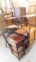 A group of furniture, to include an oak sewing box, oak trestle type table, four tier corner whatnot