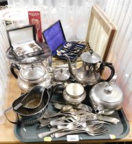 Various plated wares, to include three piece tea service, flatware, cased spoons with apostle termin