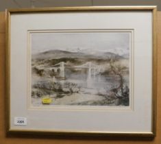 A limited edition print of a landscape with the Menai Suspension Bridge, number 323/850, 23cm high,