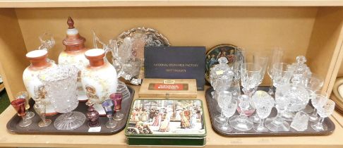 Decorative glassware, liqueur glasses, together with a Victorian milk glass vase and cover, and two