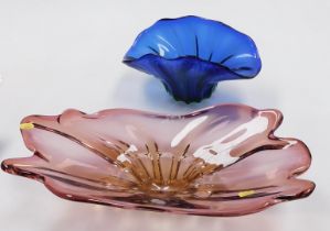 A Murano glass centrepiece, of abstract form, 52cm wide, and another similar in blue, 35cm wide.