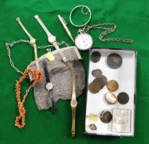 Assorted costume jewellery and coinage, including a white metal purse with chain mail bag, cameo bro