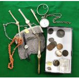 Assorted costume jewellery and coinage, including a white metal purse with chain mail bag, cameo bro