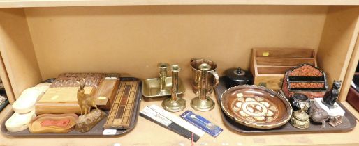 Bygones, collectables, etc., to include cased set of bone dominoes, cribbage board, brass candlestic