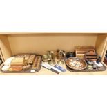 Bygones, collectables, etc., to include cased set of bone dominoes, cribbage board, brass candlestic