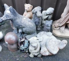 Garden statuary, to include fox and cubs, recumbent cat, dogs, seated Buddha, etc. (a quantity)