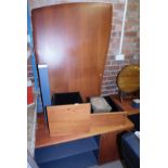 A yew office desk, unassembled, together with a TV type cabinet, filing cabinet comprising two drawe