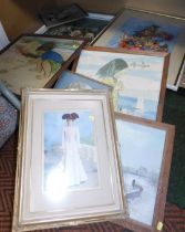 Pictures and prints, a quantity of portraits, river scene, portrait study of an Edwardian lady, stud