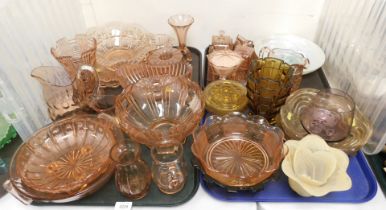 Coloured glassware, including table wares, centre bowls, dressing table sets, largest vase 22cm high