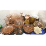 Coloured glassware, including table wares, centre bowls, dressing table sets, largest vase 22cm high