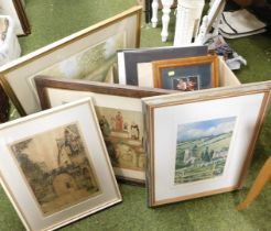 Various pictures, prints, etc., to include an engraving depicting street scene in Warwick, embroider