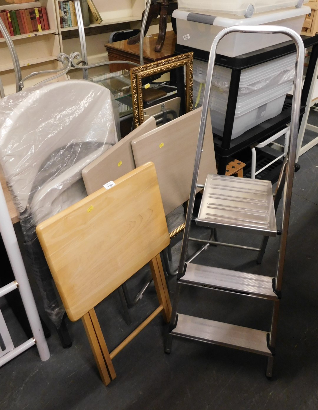 A gilt framed wall mirror, together with A framed step ladder, various folding occasional tables, et