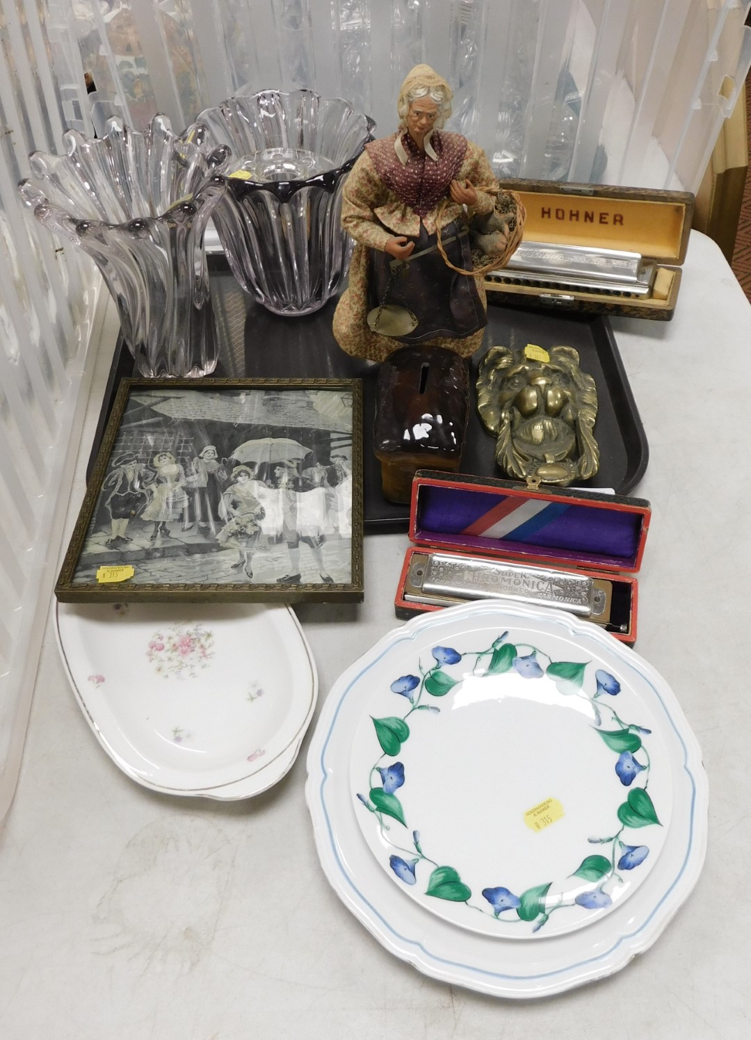 Miscellaneous items, including two large moulded glass vases, a brass lion mask door knocker, two ha