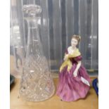 Ceramics and glassware, comprising a Royal Doulton figure of Adrienne, HN2152, and a cut glass decan