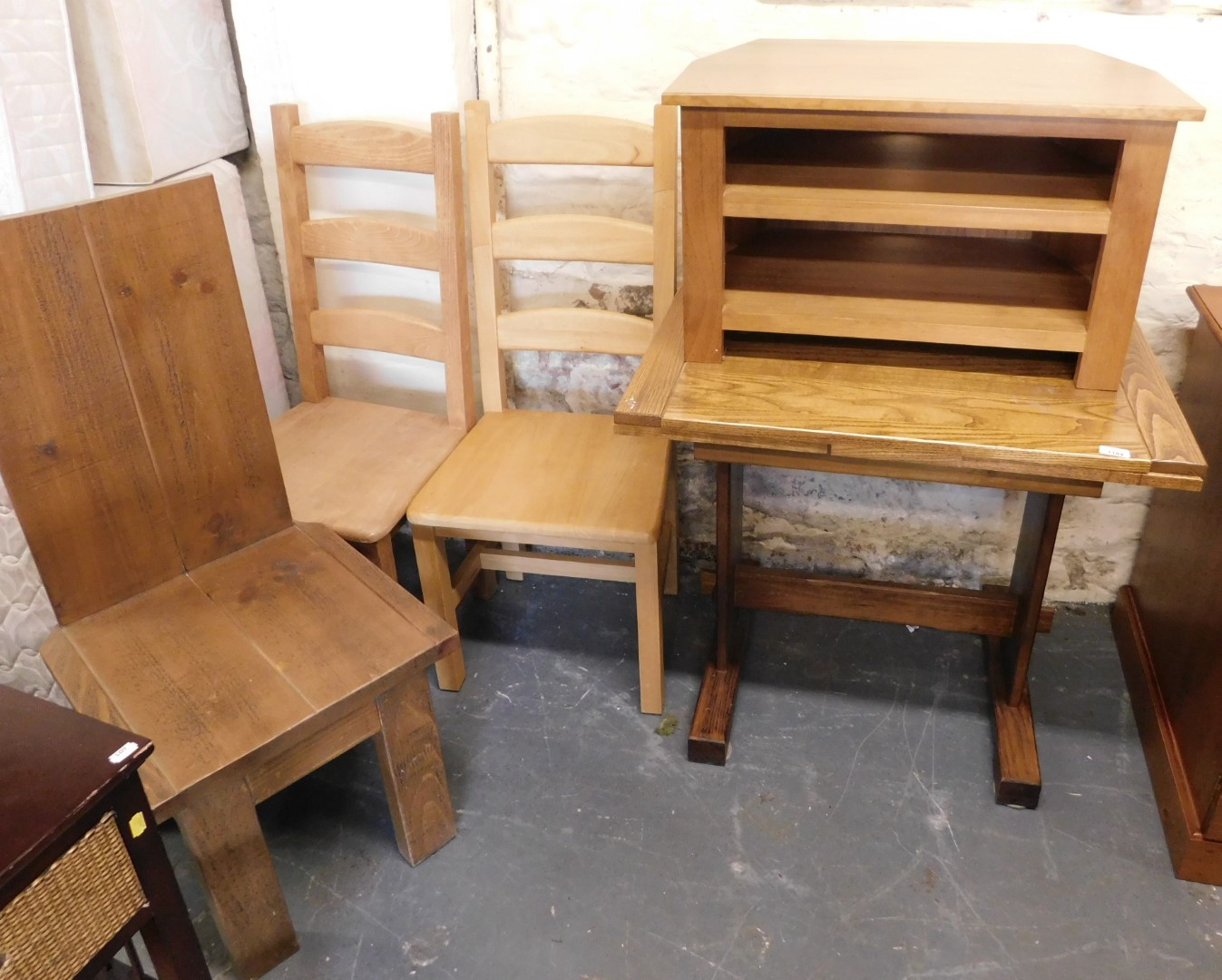 Two ladderback chairs, small oak draw leaf dining table, 78cm high, 81cm wide, 71cm deep, a small TV