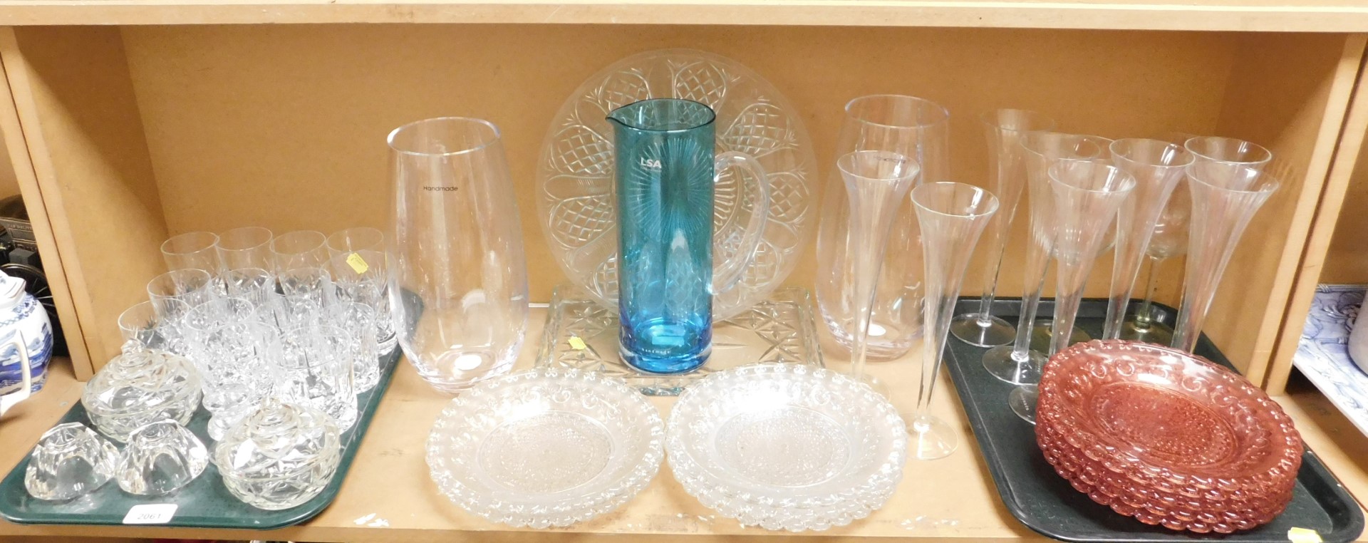 A group of glassware, to include an LSA International lemonade jug, in blue, 30cm high, cut glass tu