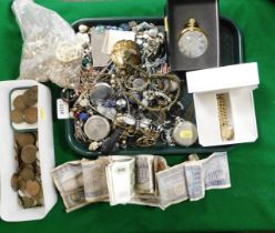 A quantity of European banknotes, watches, including pocket watch, costume jewellery including earri