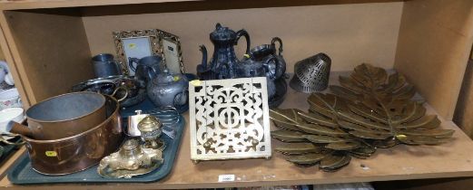 A group of metalware, to include a copper two handled dish, brass recipe book stand, brass inkstand,
