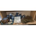 A group of metalware, to include a copper two handled dish, brass recipe book stand, brass inkstand,