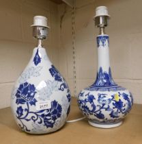 Two blue and white porcelain table lamp bases, of differing design, the largest 37cm high.