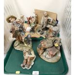 Capodimonte style Naples style figurines, including gentleman on bench, another gentlemen on bench,