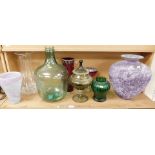 Glassware, to include a large glass green vessel, 43cm high, large lilac coloured vessel, red glass