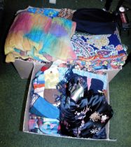 Various scarves, floral, paisley, sequin embellished, Oriental silk top, etc. (2 boxes)