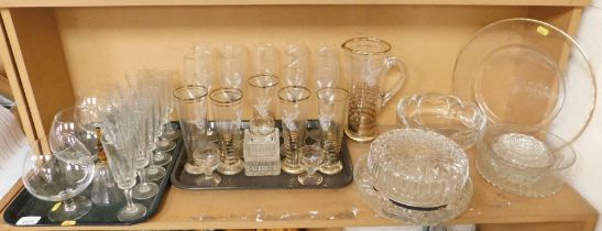 Glassware, to include drinking glasses, large brandy glasses, etched glasses, etc. (2 trays and loo