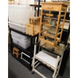 Various plastic storage boxes, together with a plastic three tier unit, kitchen type island on casto