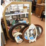 Mirrors, large overmantel mirror, 90cm wide, with gilt frame, two oval mirrors, circular mirror, and