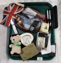 Miscellaneous items, to include a small Union Jack, a brass cigarette tin, small Teddy, small trinke