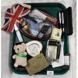 Miscellaneous items, to include a small Union Jack, a brass cigarette tin, small Teddy, small trinke