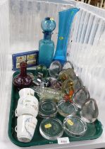 Glass and commemorative wares, including large blue decanter with stopper, 2cm high, and a large blu