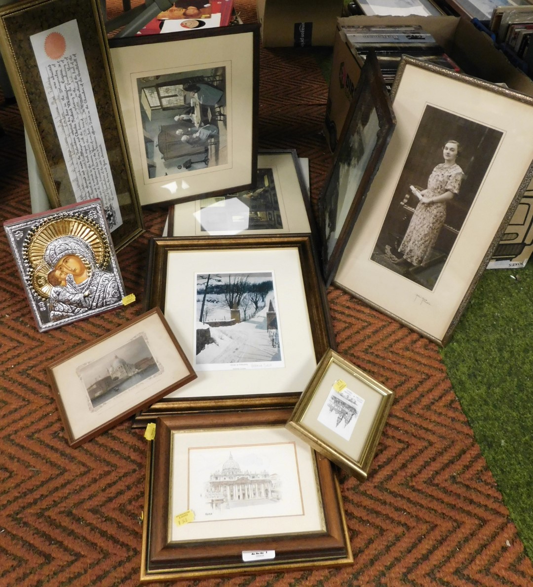 Pictures and prints, including an icon, and architectural pictures, including Old Chingford Church,