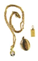 9ct gold and other jewellery, comprising a gold bar type pendant, 1cm high, stamped 9kt, a 9ct gold