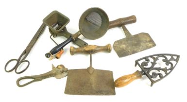 A group of kitchen related bygones, to include Mouline - Legumes bean sliver, flour strainer, trivet