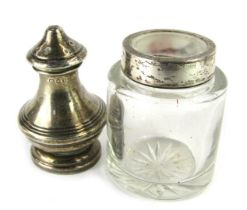 Two items of small silver, comprising a silver collared and cut glass toilet jar, 6cm high, and an E