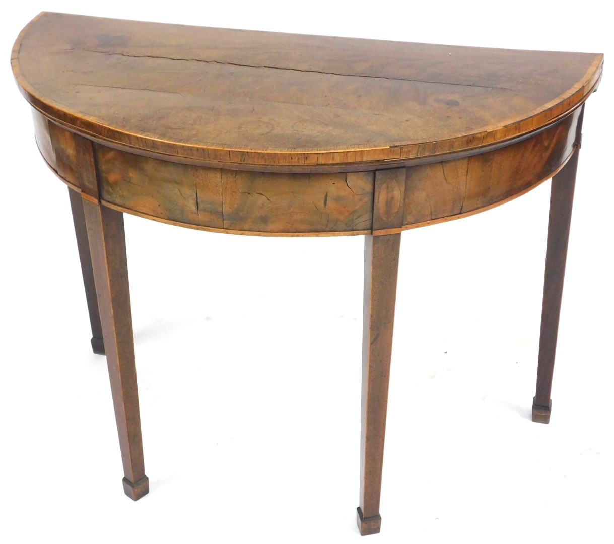 A George III walnut demi lune card table, with rosewood cross banding, opening to reveal a baize int - Image 3 of 4