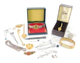 Costume jewellery and trinkets, comprising identity bracelet, rope twist necklace, hat pins, silver