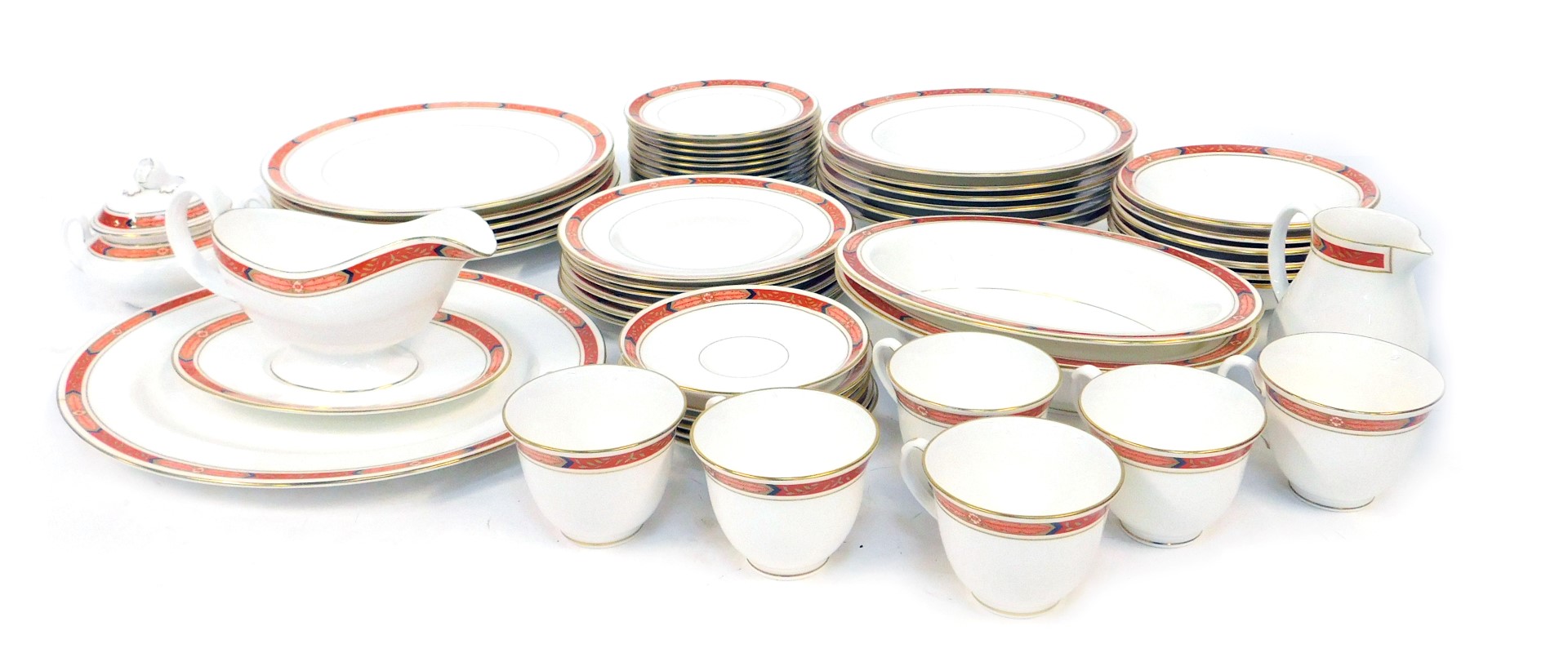 A Royal Worcester Beaufort pattern porcelain part dinner service, comprising two oval tureens, milk