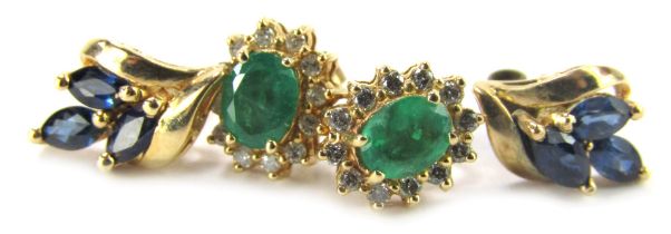 Two pairs of earrings, comprising a pair of emerald and diamond cluster studs, yellow metal stamped
