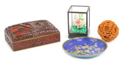 A group of Oriental wares, comprising a Japanese cloisonne dish decorated with bird amongst flowerin