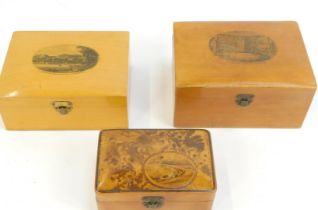 Three Mauchline ware lidded boxes, for Bowness from Bell Isle Windemere, 11.5cm wide, Burns Cottage,