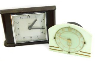 Two early 20thC mantel clocks, comprising a Smiths brown Bakelite cased clock, with square dial bear